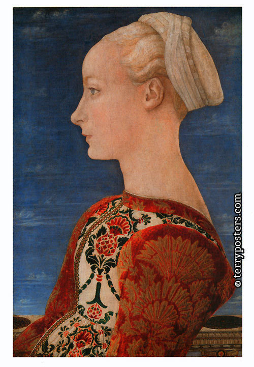Portrait einer Dame; Antonio Del Pollaiuolo (1431-1498); tempera, papír,dřevo 52,2 cm x 36,5 cm