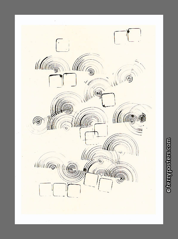 Akustická kresba: tuš, plechová krabička, drátěný hřeben na borůvky, papír; 88 x 62,5 cm; 1966